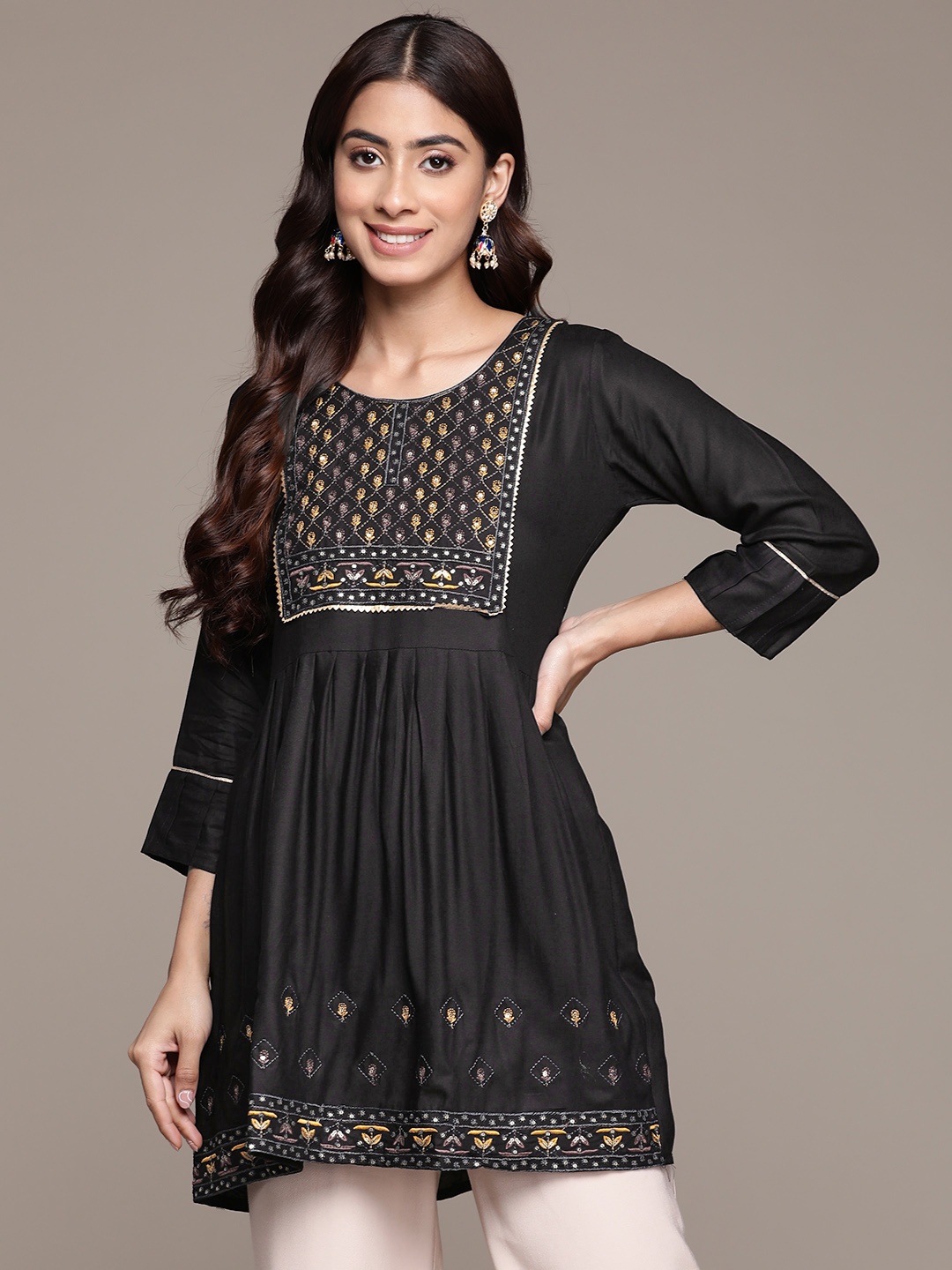 

Anubhutee Ethnic Motifs Embroidered Sequinned Pleated Kurti, Black