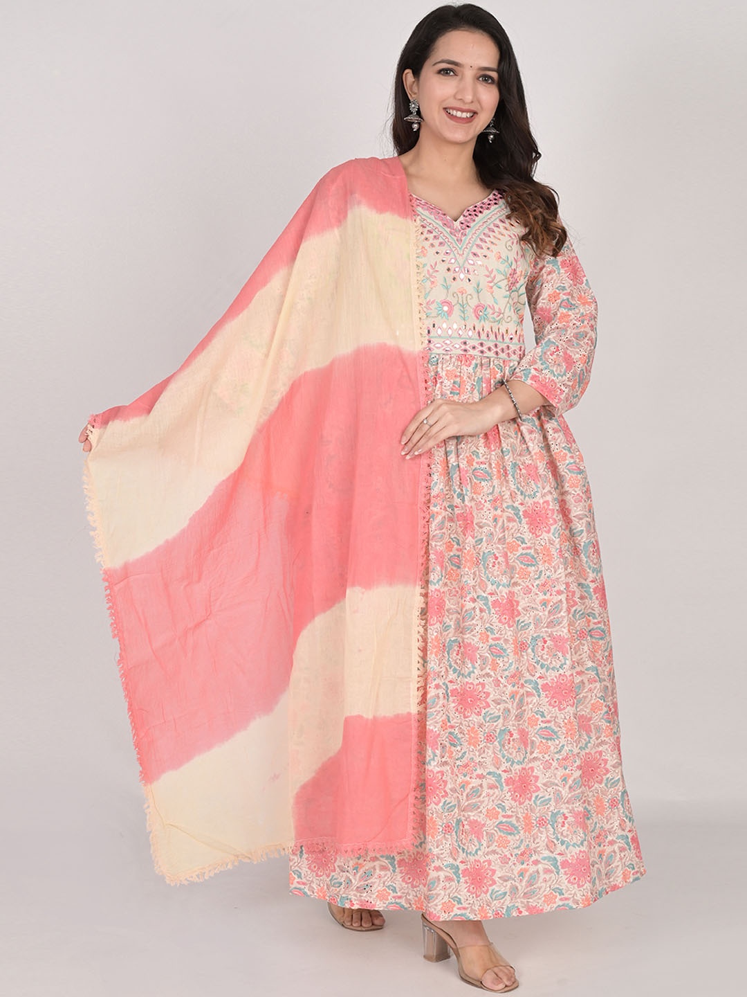 

KALINI Floral Printed Thread Work Pure Cotton Kurta With Trousers & Dupatta, Peach