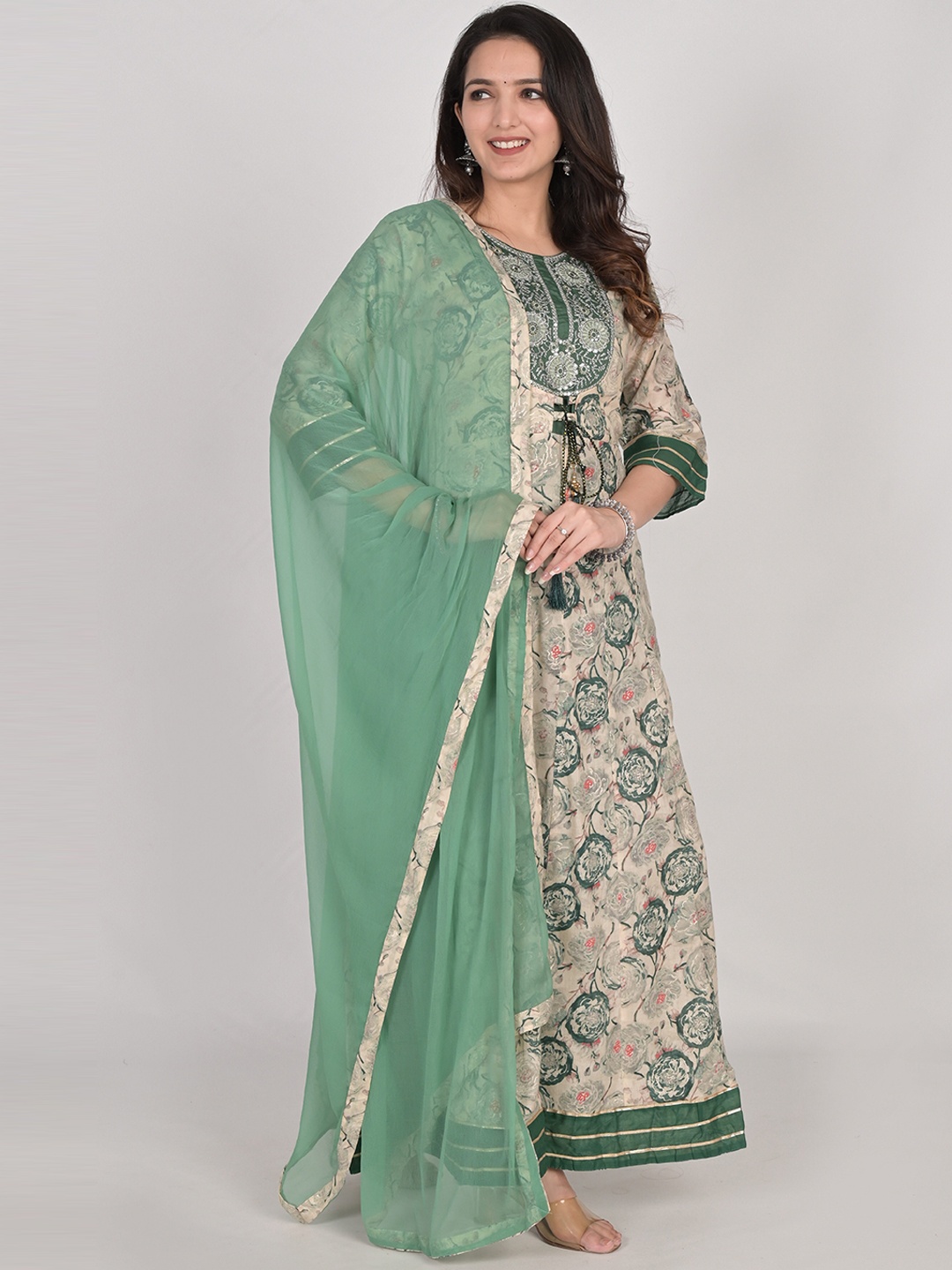 

KALINI Floral Printed Thread Work Chanderi Cotton Kurta With Trousers & Dupatta, Green