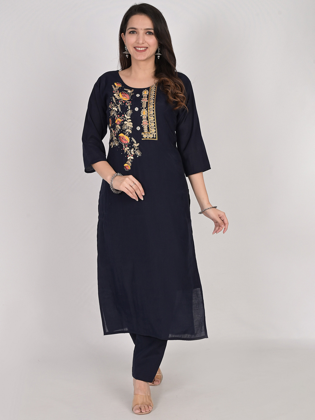 

KALINI Floral Embroidered Thread Work Detailed Kurta & Trousers with Dupatta, Navy blue