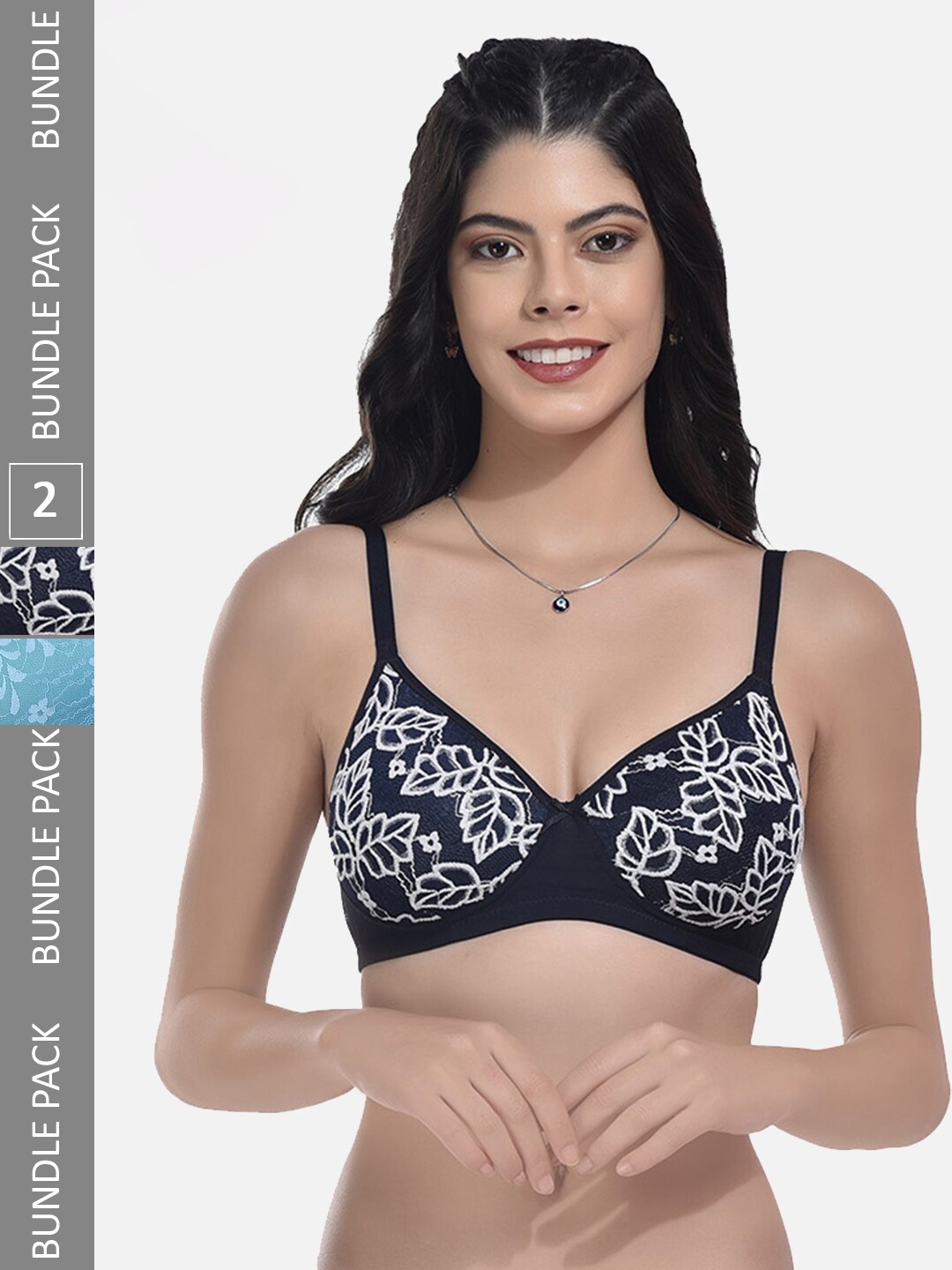 

StyFun Pack of 2 Floral Full Coverage Lightly Padded Bra With All Day Comfort, Navy blue