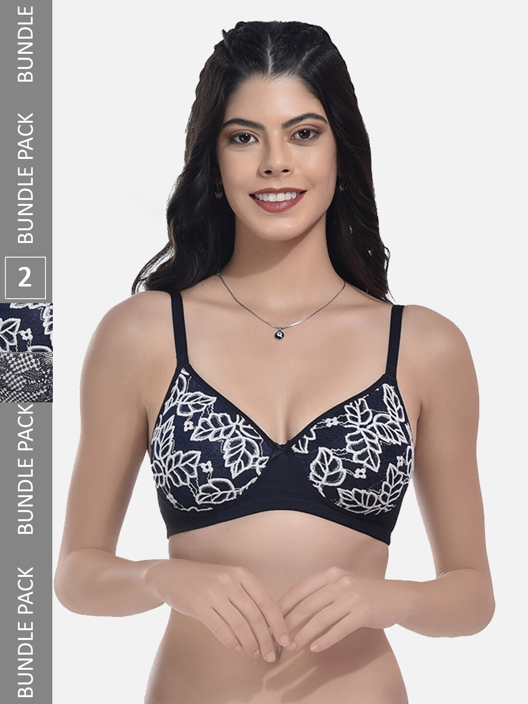 

StyFun Pack of 2 Floral Full Coverage Lightly Padded Bra With All Day Comfort, Navy blue