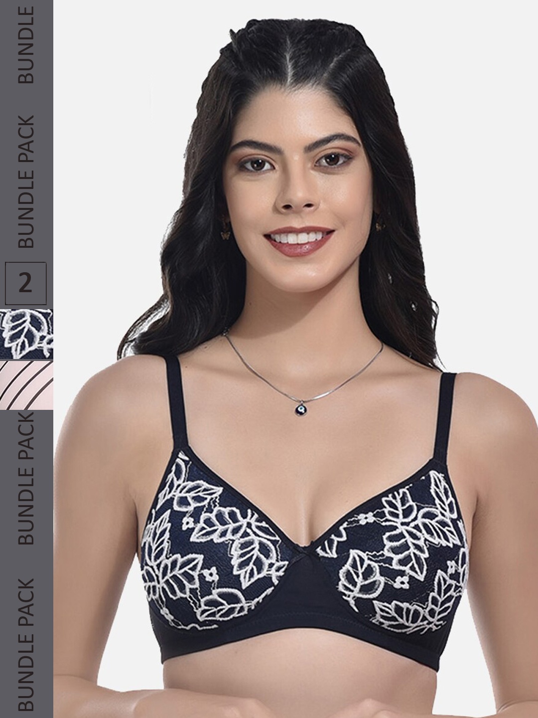 

StyFun Pack Of 2 Full Coverage Self Design Lightly Padded All Day Comfort Bras, Navy blue