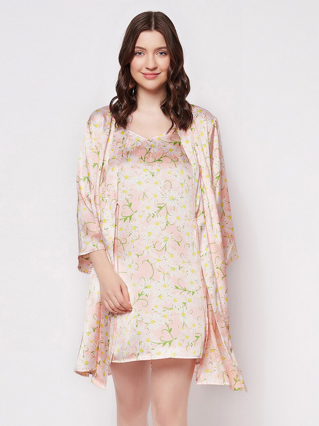 

Clovia Peach Coloured Printed Satin Night Dress With Robe