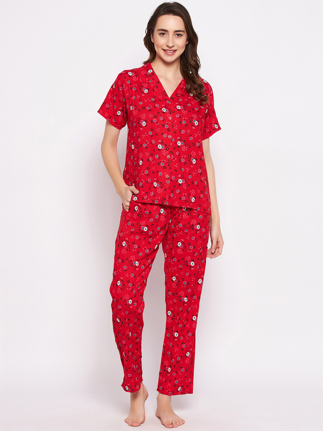 

Clovia Floral Printed Night suit, Red