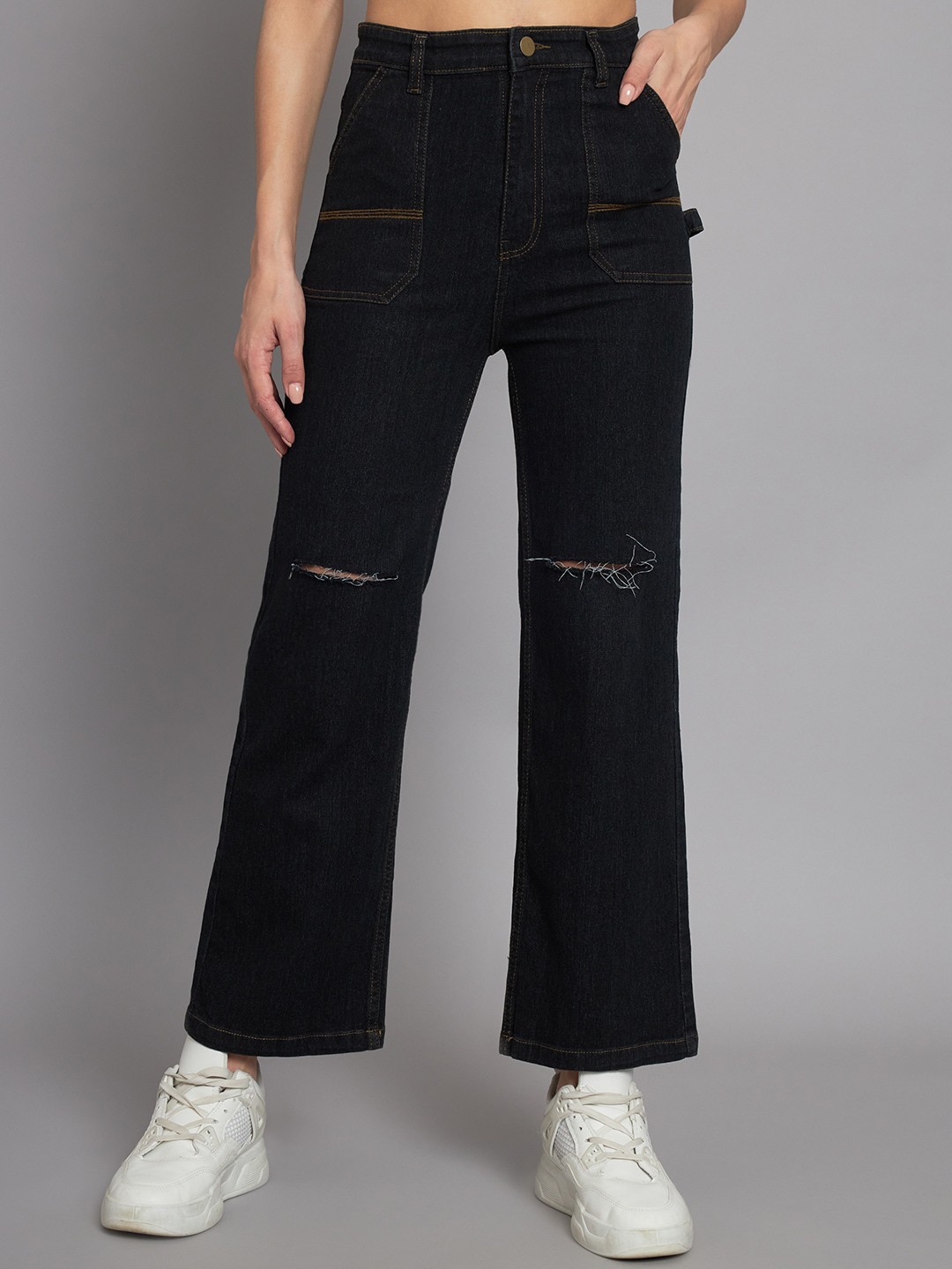 

BAESD Women High-Rise Flared Slash Knee Stretchable Jeans, Blue
