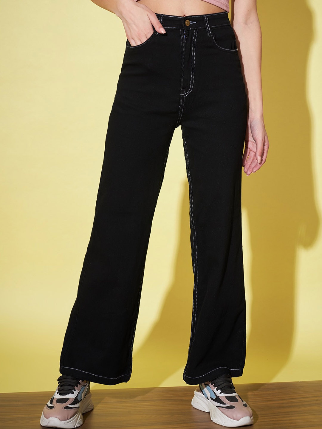 

BAESD Women Flared High-Rise Stretchable Cotton Jeans, Black