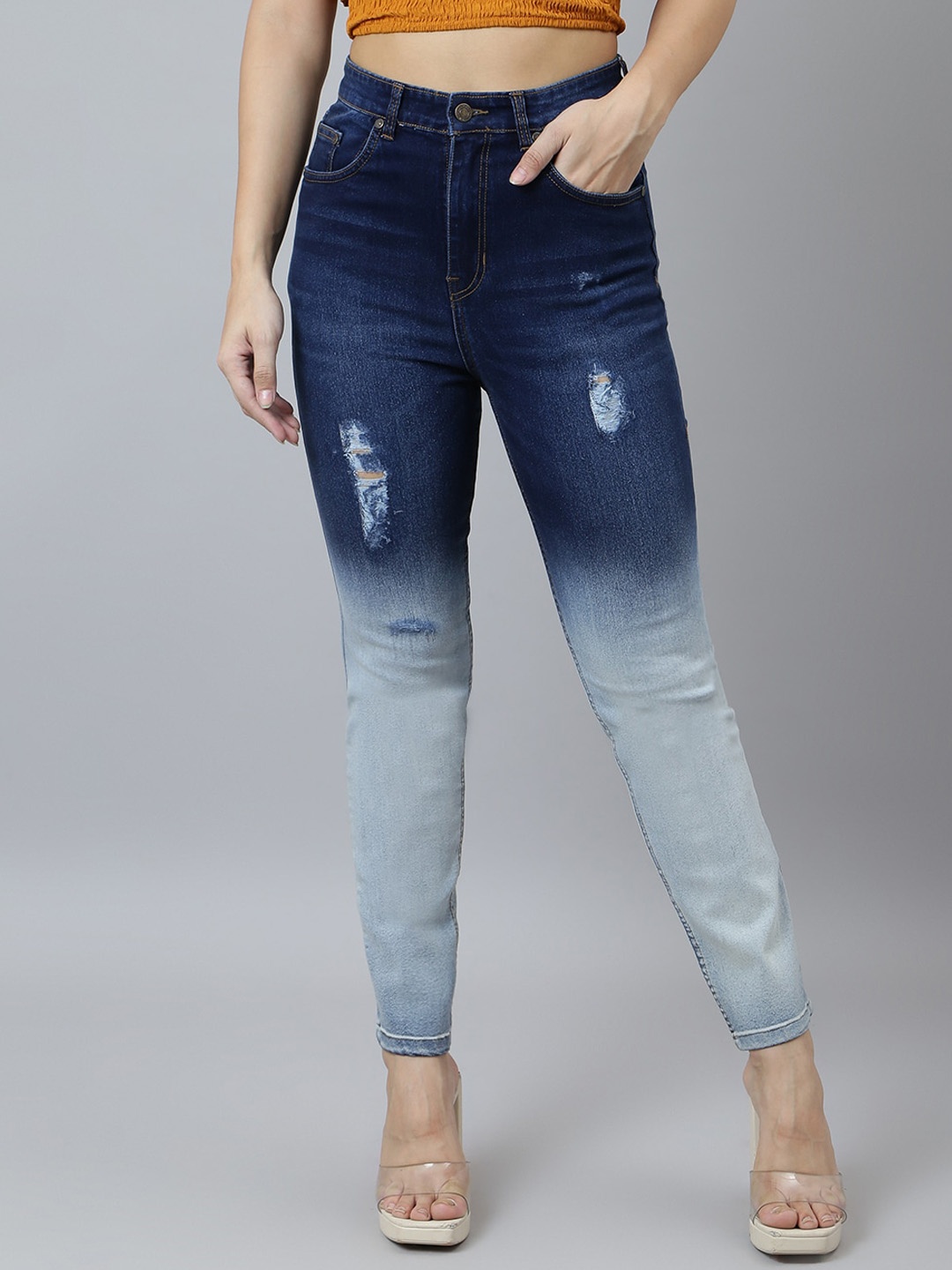

BAESD Women Slim Fit High-Rise Mildly Distressed Heavy Fade Stretchable Jeans, Blue