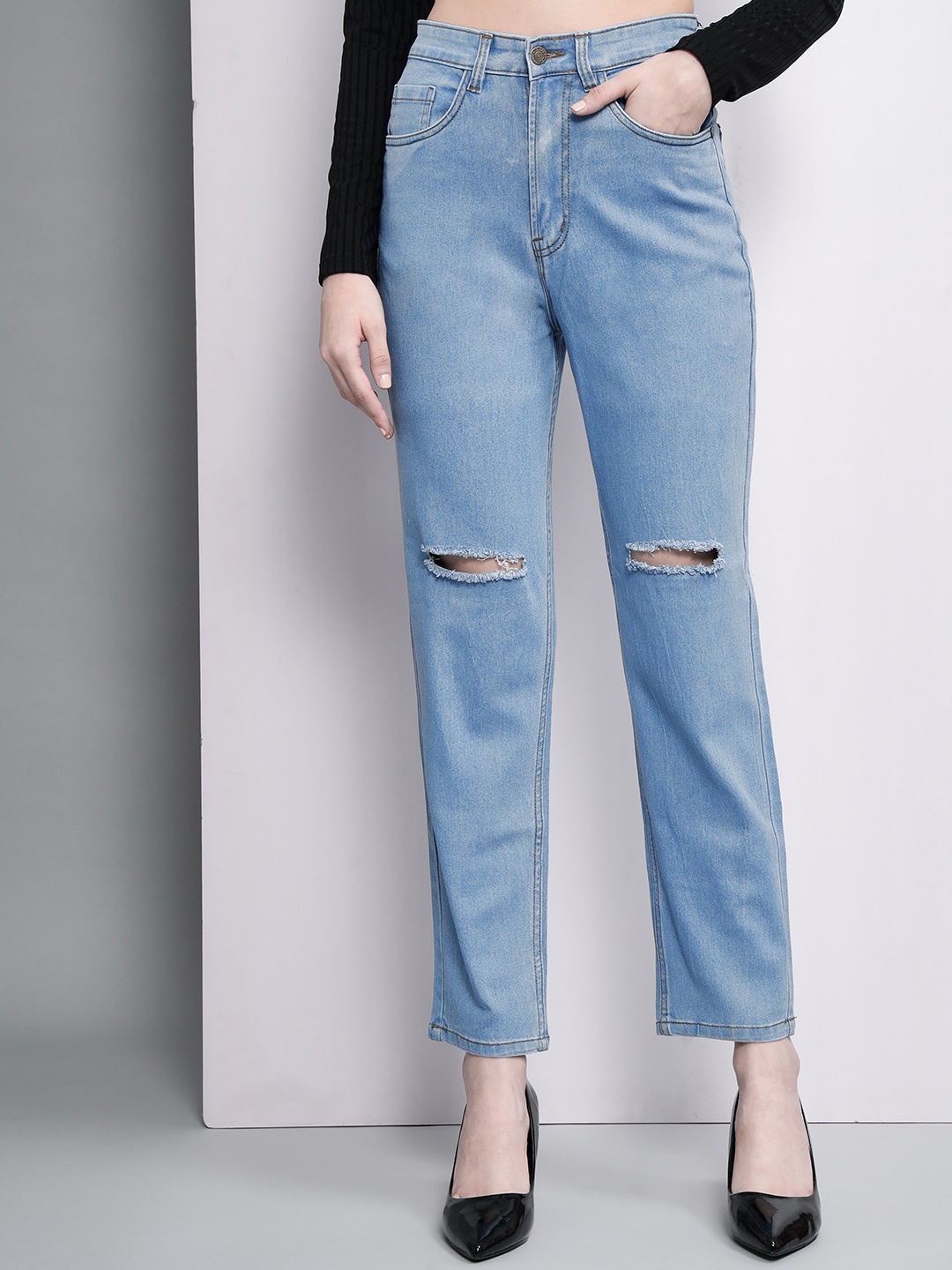 

BAESD Women Straight Fit High-Rise Slash Knee Stretchable Jeans, Blue