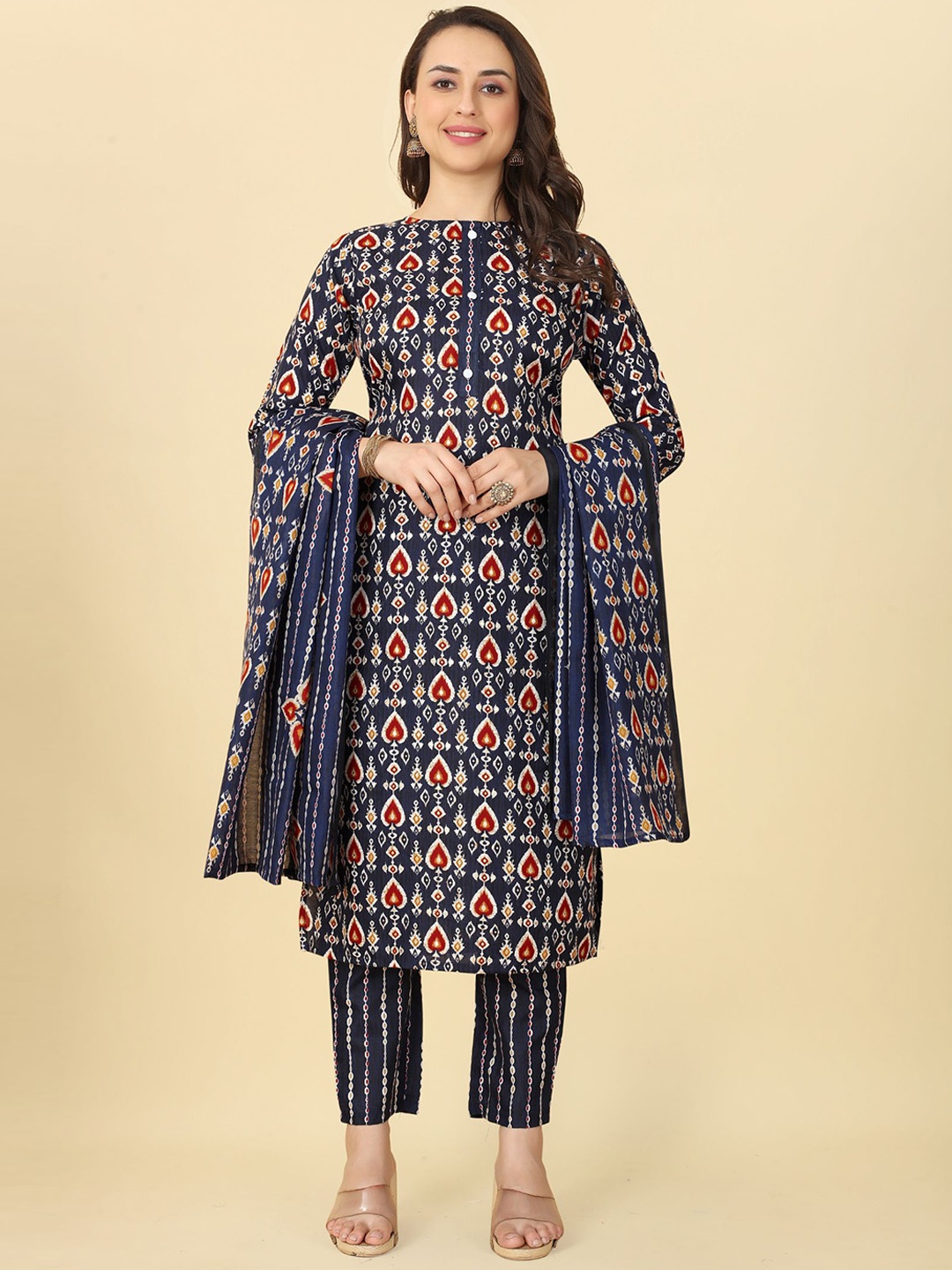 

PREMROOP- THE STYLE YOU LOVE Ethnic Motifs Printed Regular Kurta with Trousers & Dupatta, Navy blue