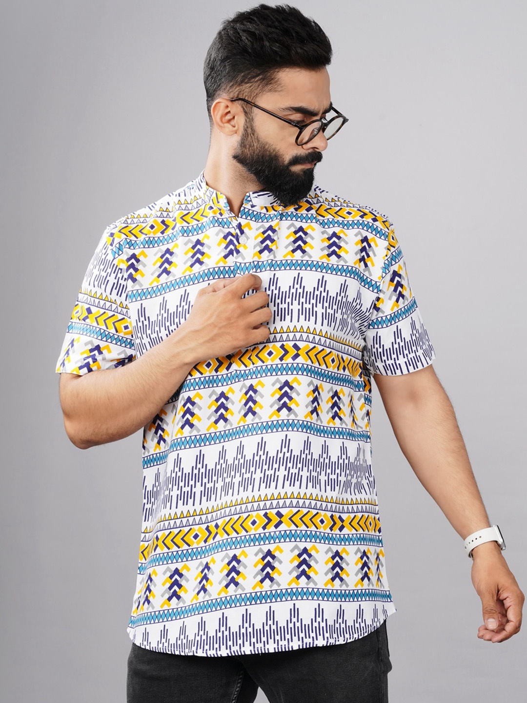 

Elepants Geometric Printed Band Collar Kurta, White