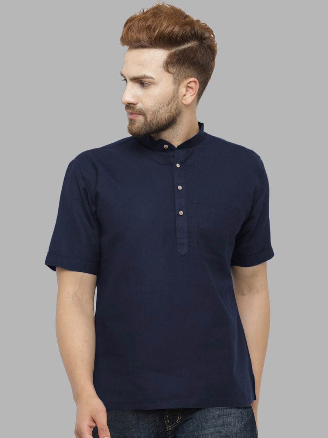 

Elepants Band Collar Regular Kurta, Navy blue