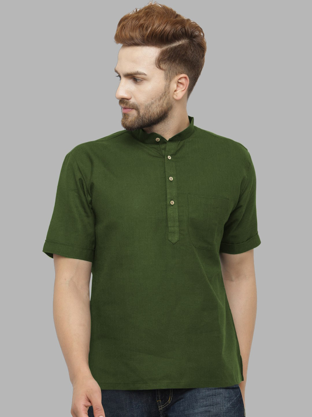 

Elepants Band Collar Regular Kurta, Green
