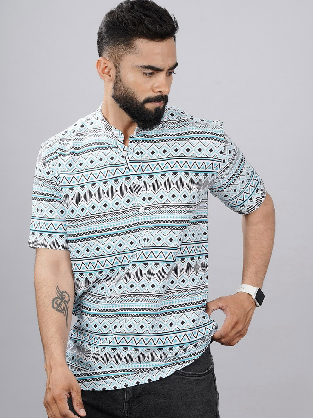 

Elepants Tribal Motifs Printed Band Collar Straight Kurta, Blue