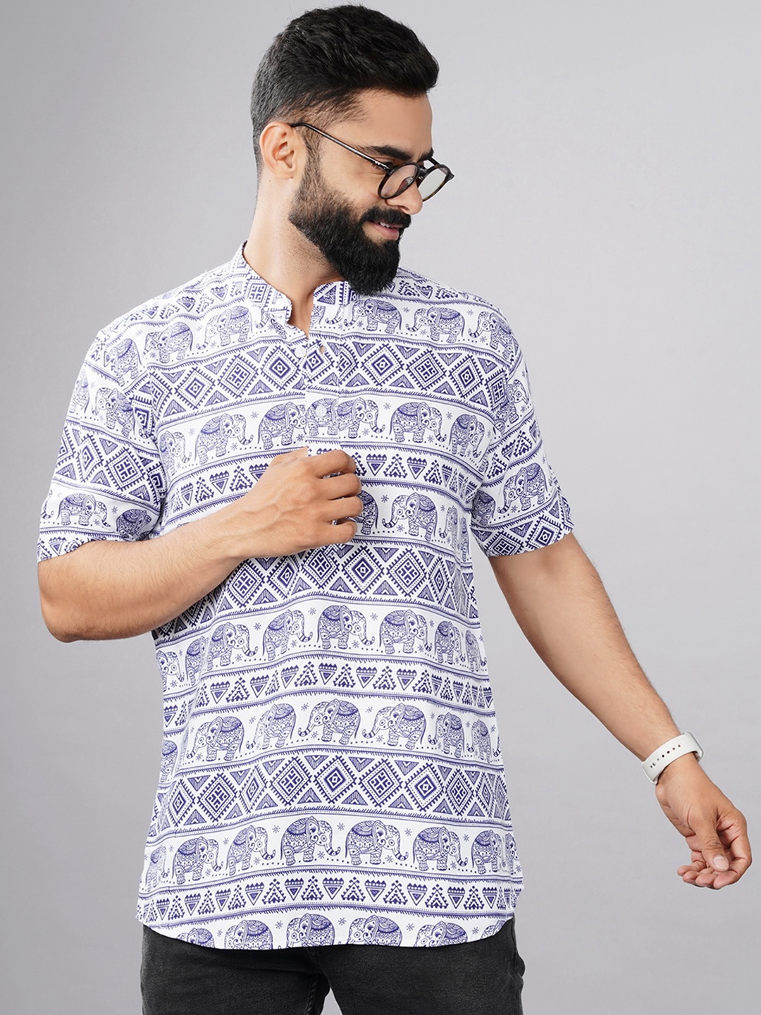 

Elepants Ethnic Motif Printed Shirt Collar Kurta, White