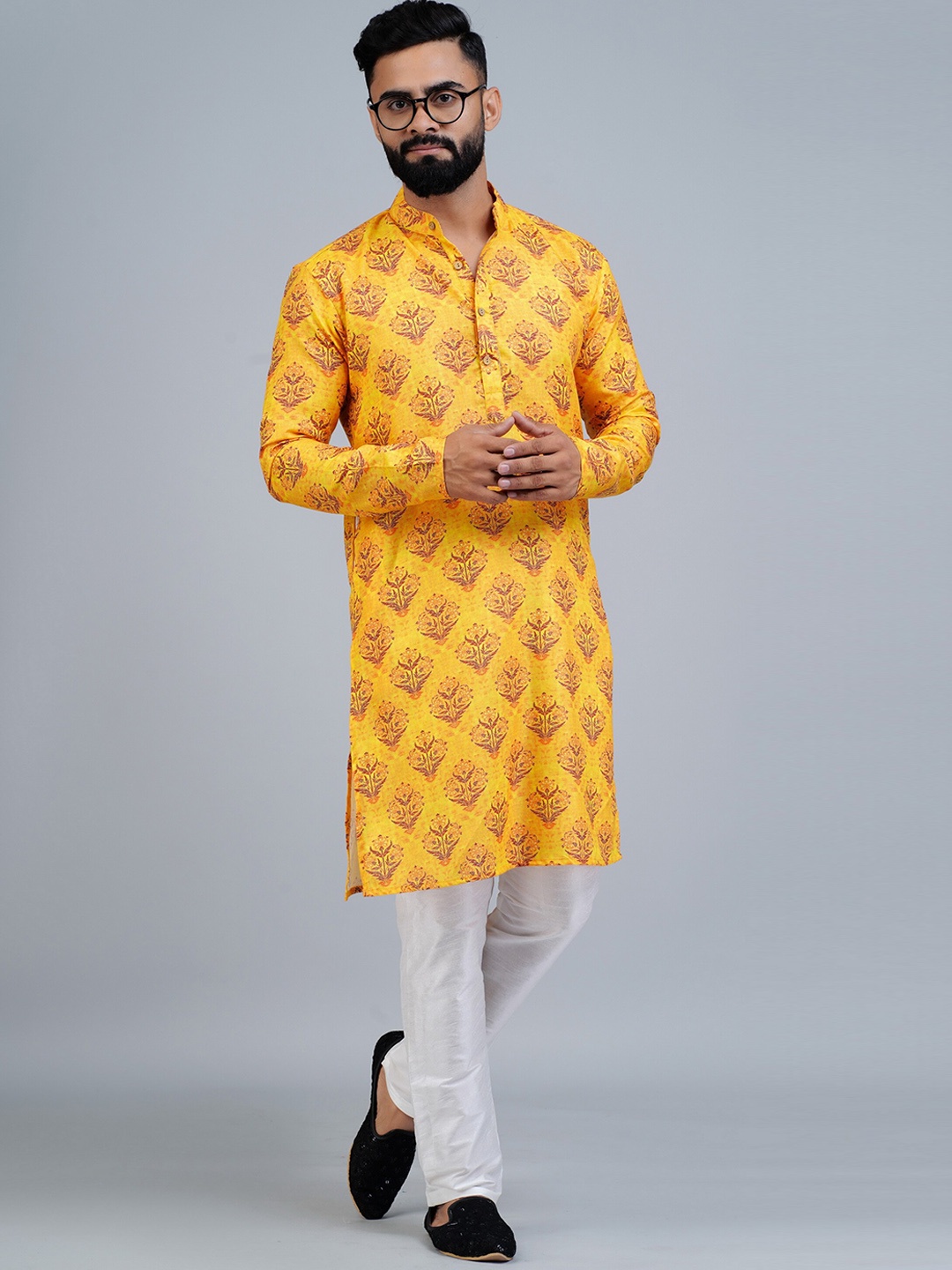 

Elepants Floral Printed Band Collar Kurta, Yellow