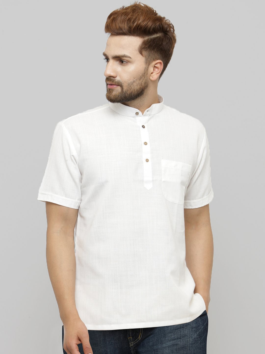 

Elepants Mandarin Collar Short Sleeves Straight Kurta, White