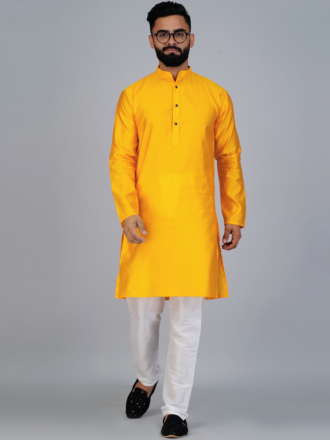 

Elepants Mandarin Collar Woven Design Kurta, Yellow