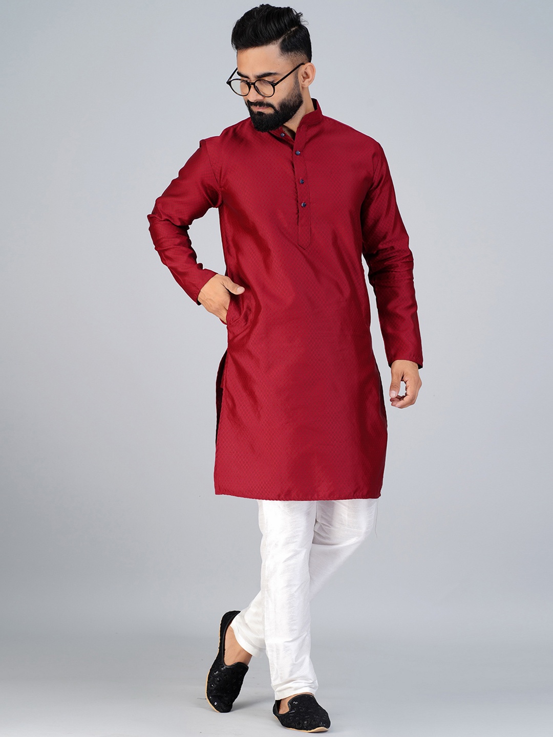 

Elepants Mandarin Collar Woven Design Kurta, Maroon