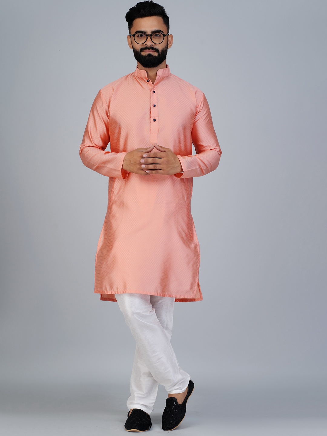 

Elepants Ethnic Motifs Woven Design Band Collar Straight Kurta, Peach