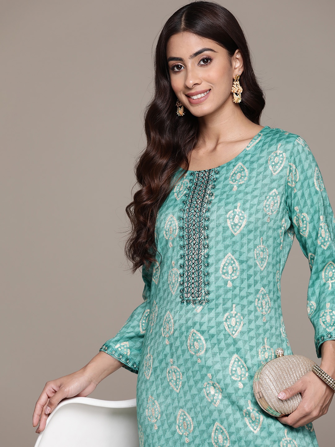 

Ishin Ethnic Motifs Printed Mirror Work Kurta, Turquoise blue