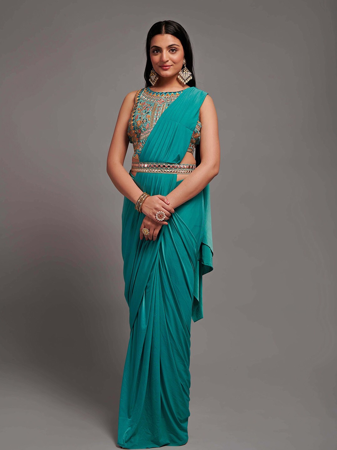 

Mitera Art Silk Mirror Work Saree With Blouse, Teal