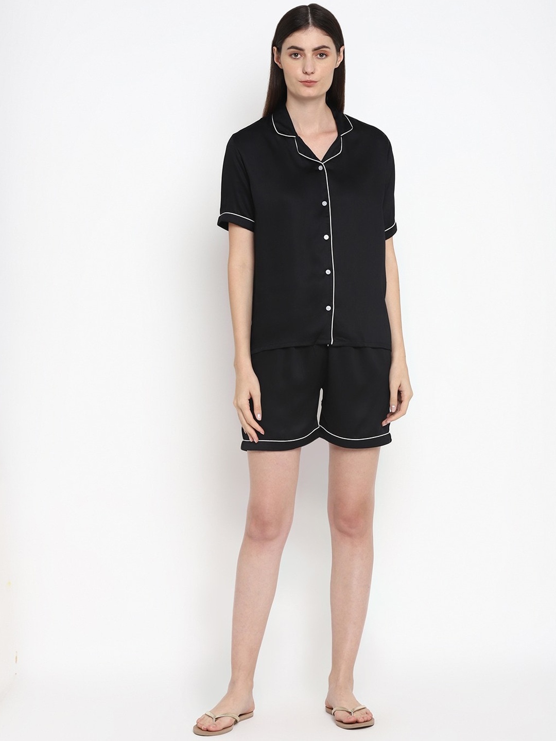 

shopbloom Lapel Collar Modal Satin Shirt With Shorts, Black
