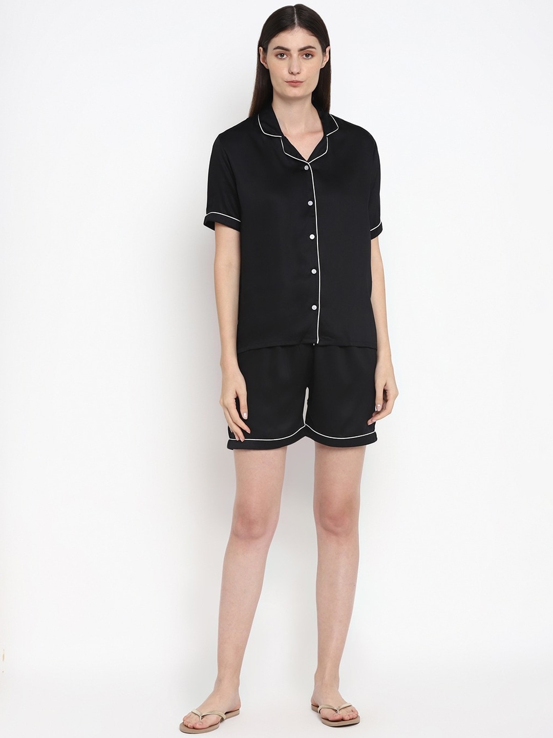

shopbloom Lapel Collar Modal Satin Shirt With Shorts, Black