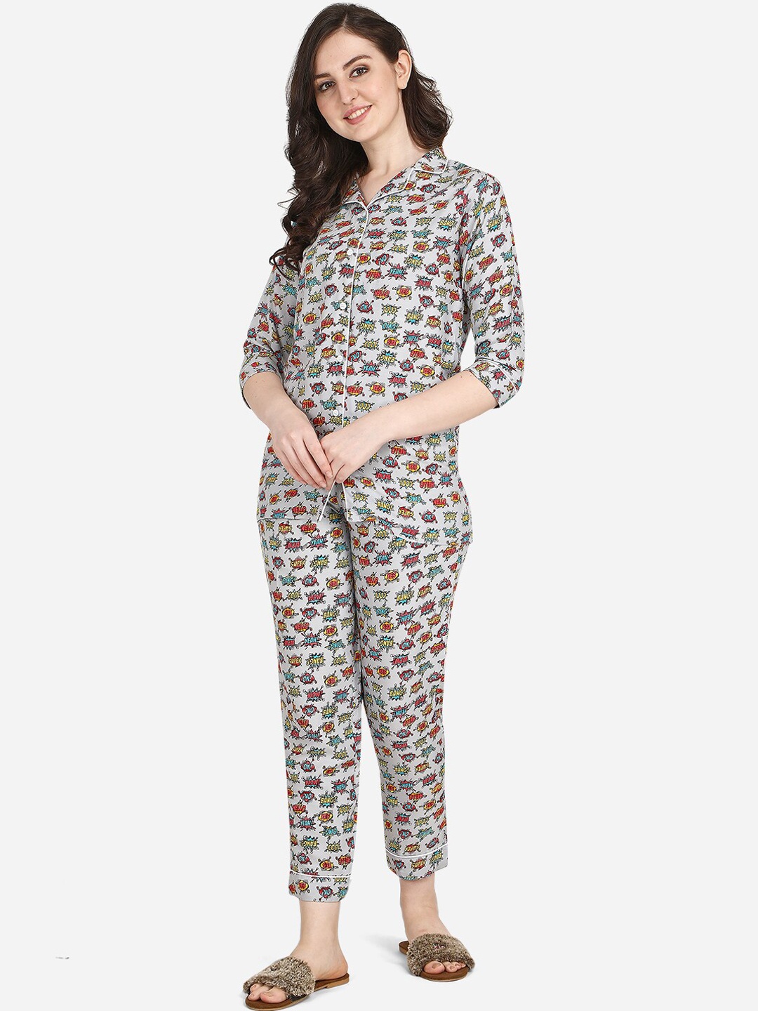 

Berrylicious Typography Printed Night suit, Grey