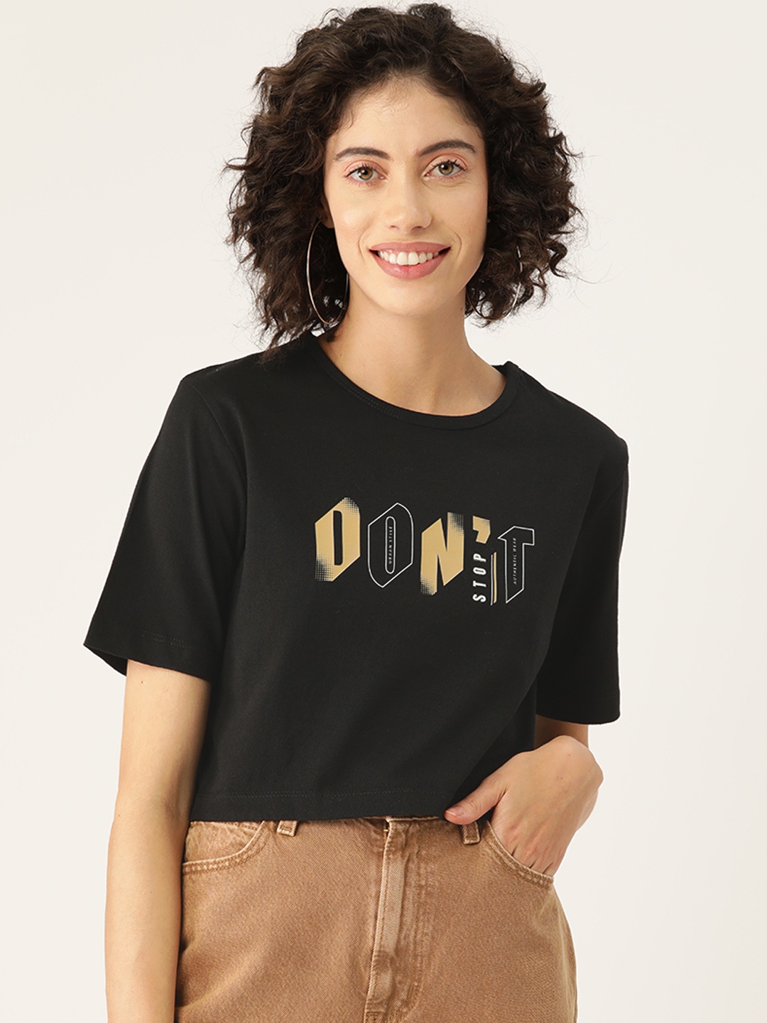 

Slenor Women Typography Printed Regular Fit Crop T-shirt, Black