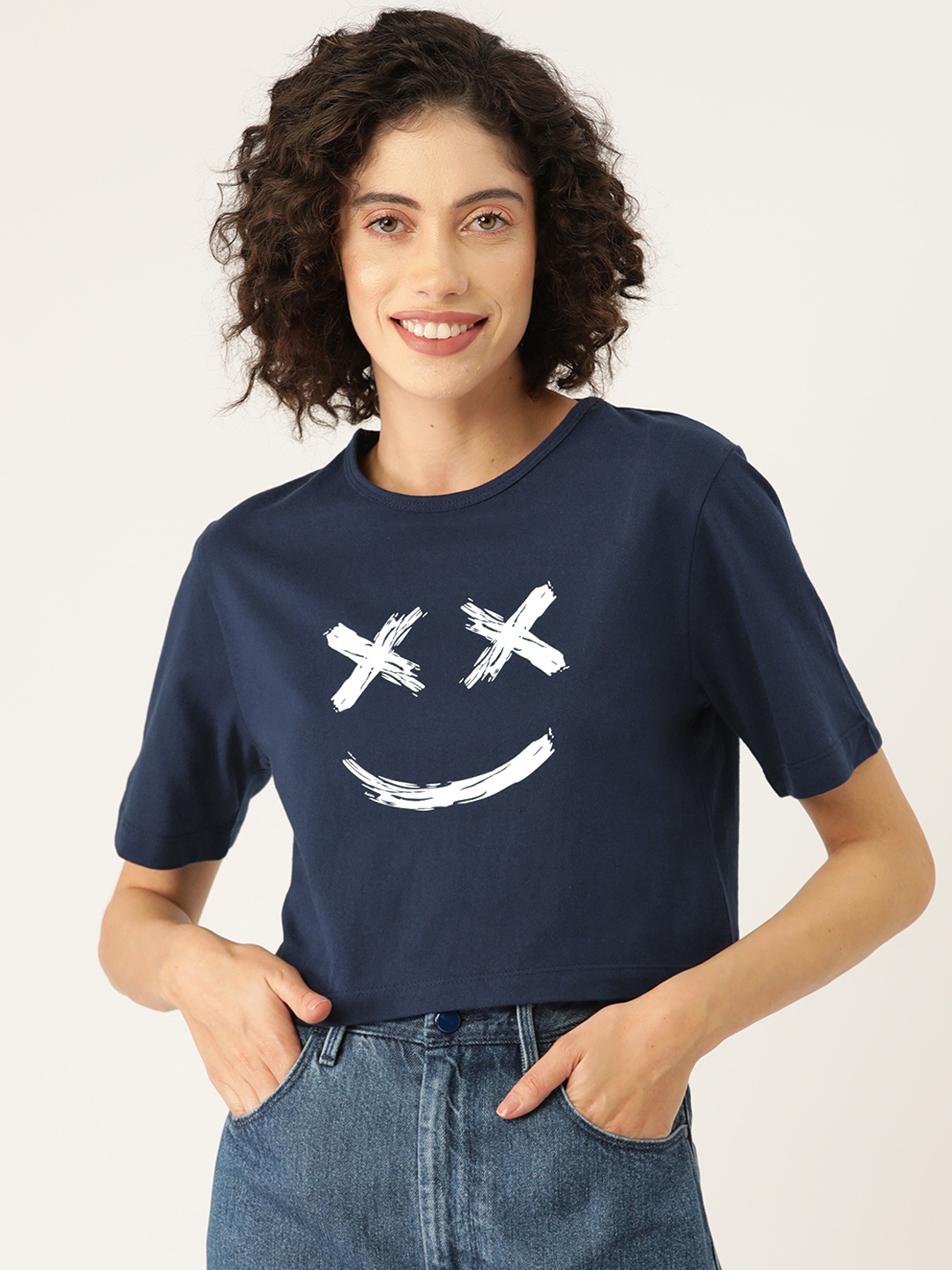 

Slenor Women Graphic Printed Crop T-shirt, Navy blue
