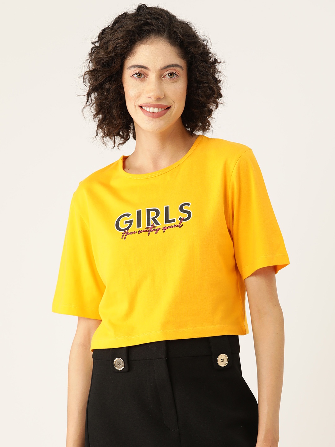 

Slenor Women Graphic Printed Crop T-shirt, Yellow