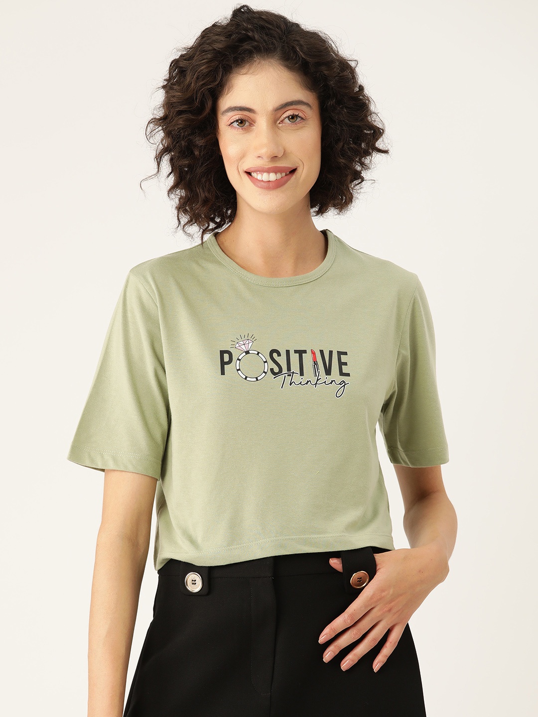 

Slenor Women Graphic Printed Crop T-shirt, Olive