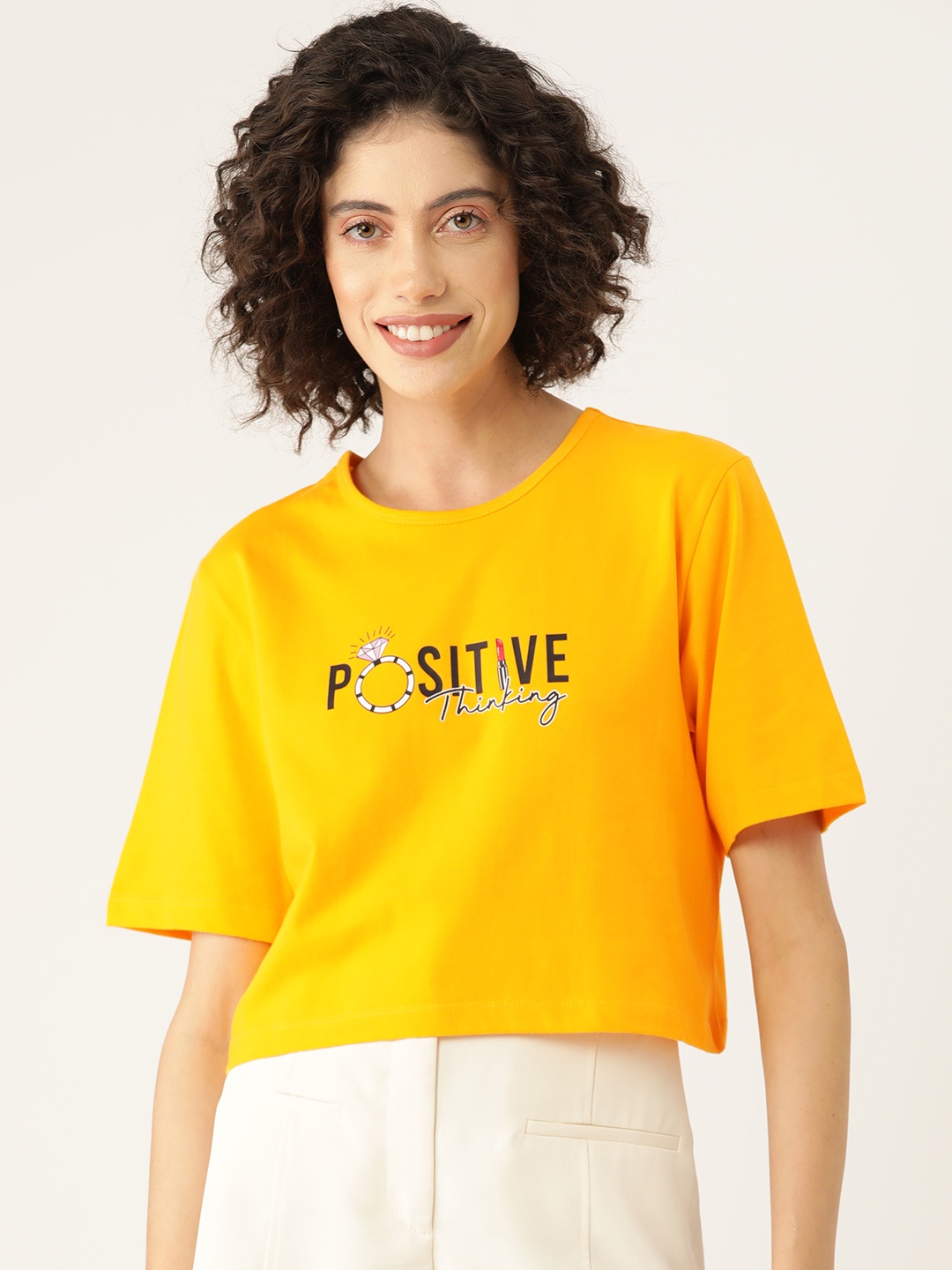 

Slenor Women Graphic Printed Crop T-shirt, Yellow
