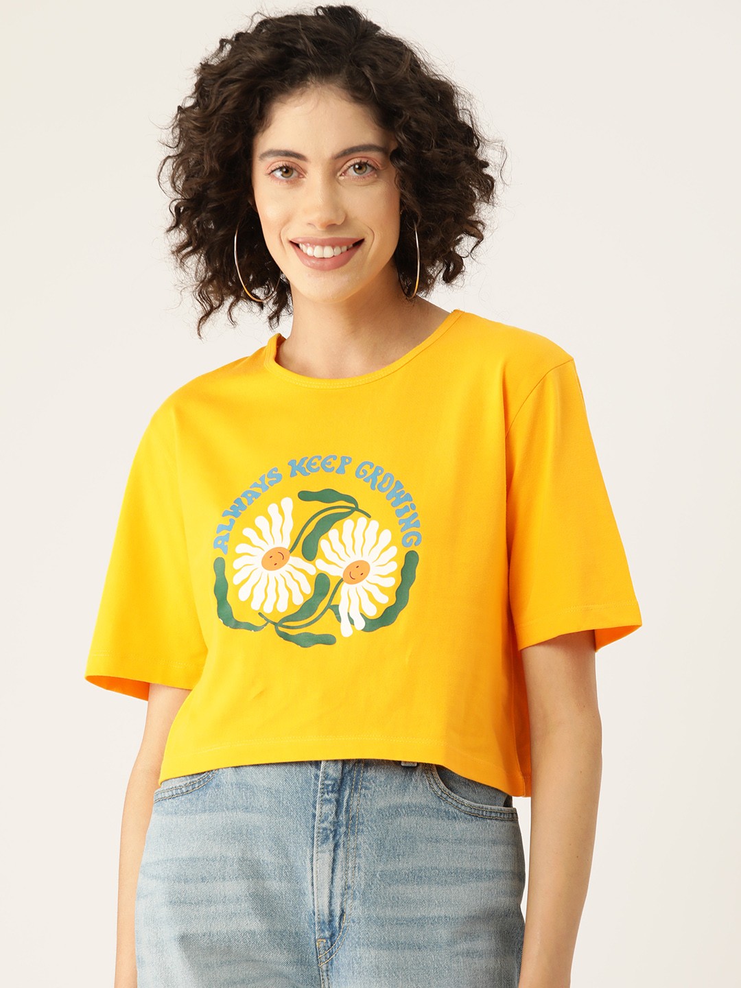 

Slenor Women Graphic Printed Regular Fit Crop T-shirt, Yellow