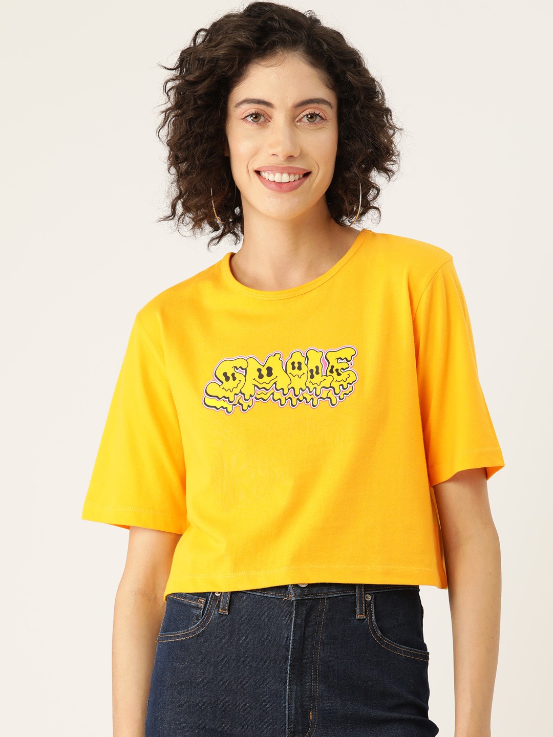 

Slenor Women Graphic Printed Regular Fit Crop T-shirt, Yellow