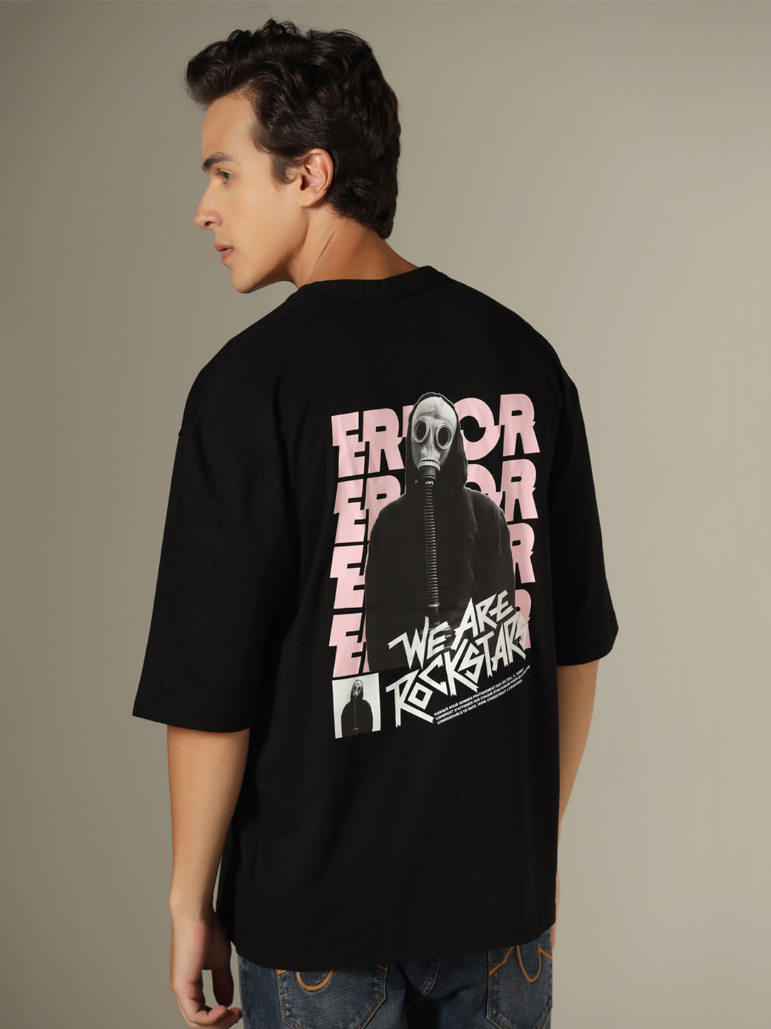 

INKKR Typography Printed Round Neck Cotton Oversized T-shirt, Black