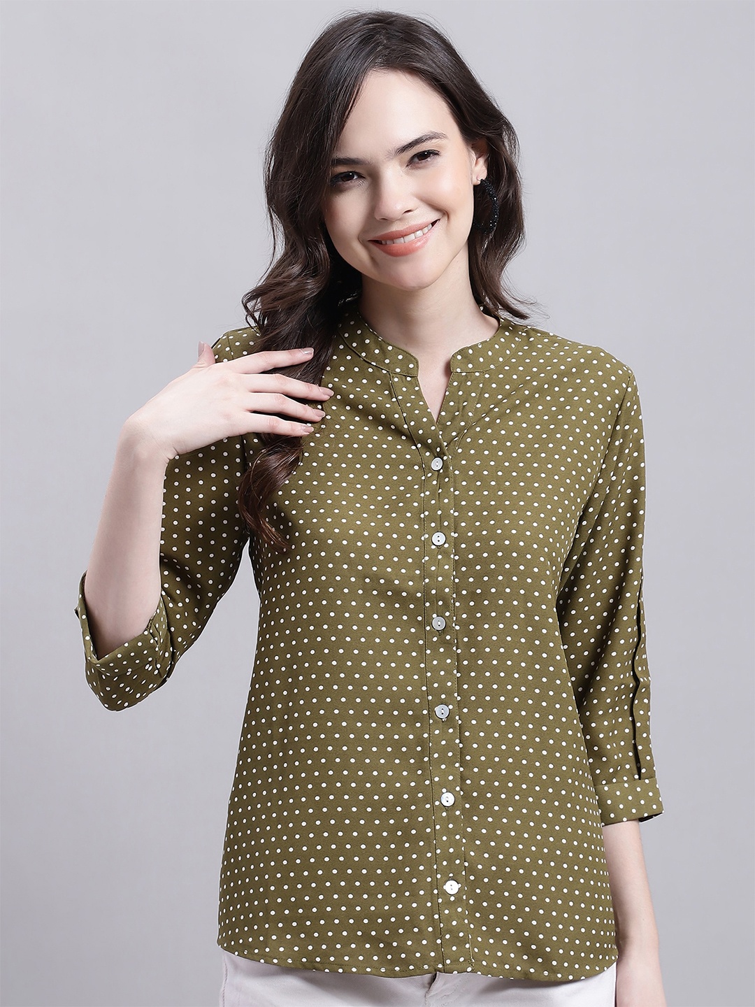 

Cantabil Polka Dot Print Mandarin Collar Roll-Up Sleeves Shirt Style Top, Olive