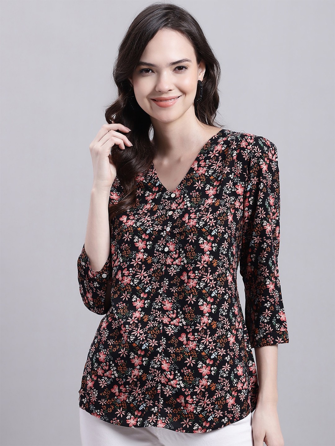 

Cantabil Floral Printed V-Neck Top, Black