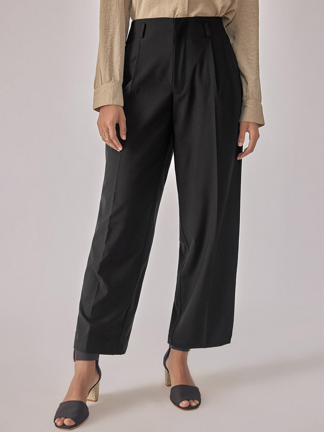 

The Label Life Women Flared High-Rise Plain Pleated Parallel Trousers, Black