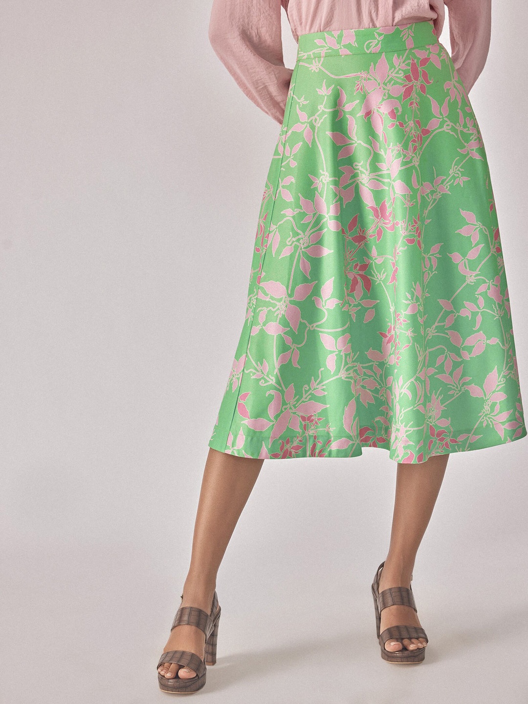 

The Label Life Floral Printed Flared Midi Skirt, Green