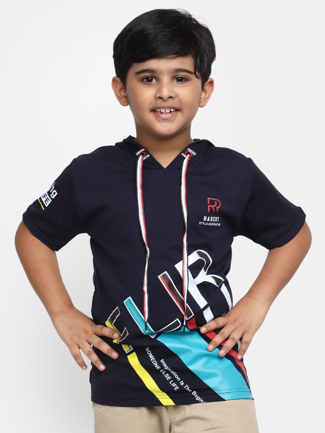 

V-Mart Boys Typography Printed Hooded Neck Cotton T-shirt, Navy blue