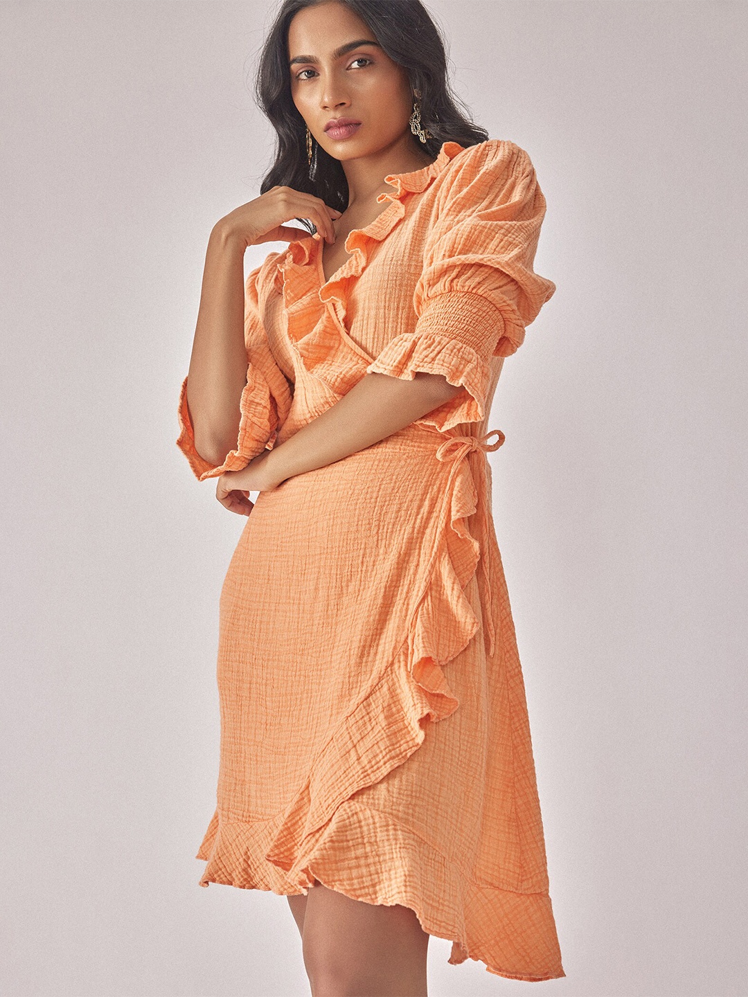 

The Label Life Puff Sleeves Ruffled Detailed Cotton Warp Dress, Orange