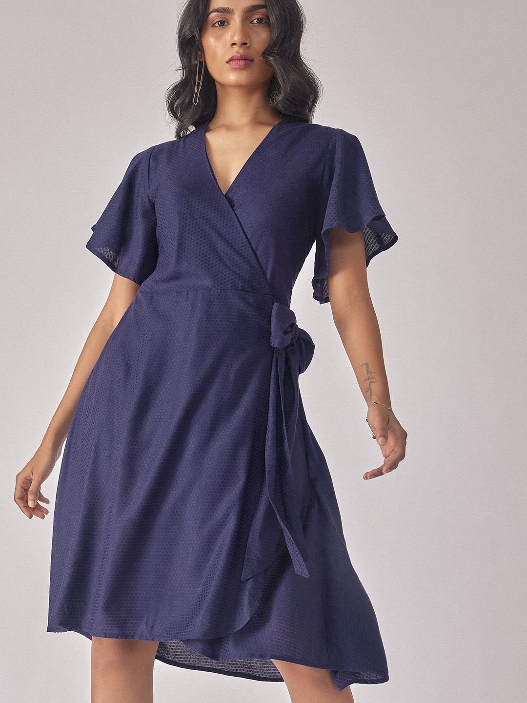 

The Label Life Self Design Flared Sleeves Tie-Ups Wrap Dress, Blue