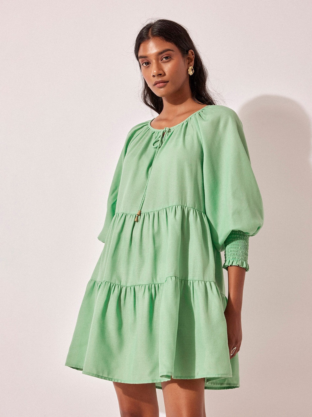 

The Label Life Tie-Up Neck Cuffed Sleeves Gathered A-Line Dress, Green