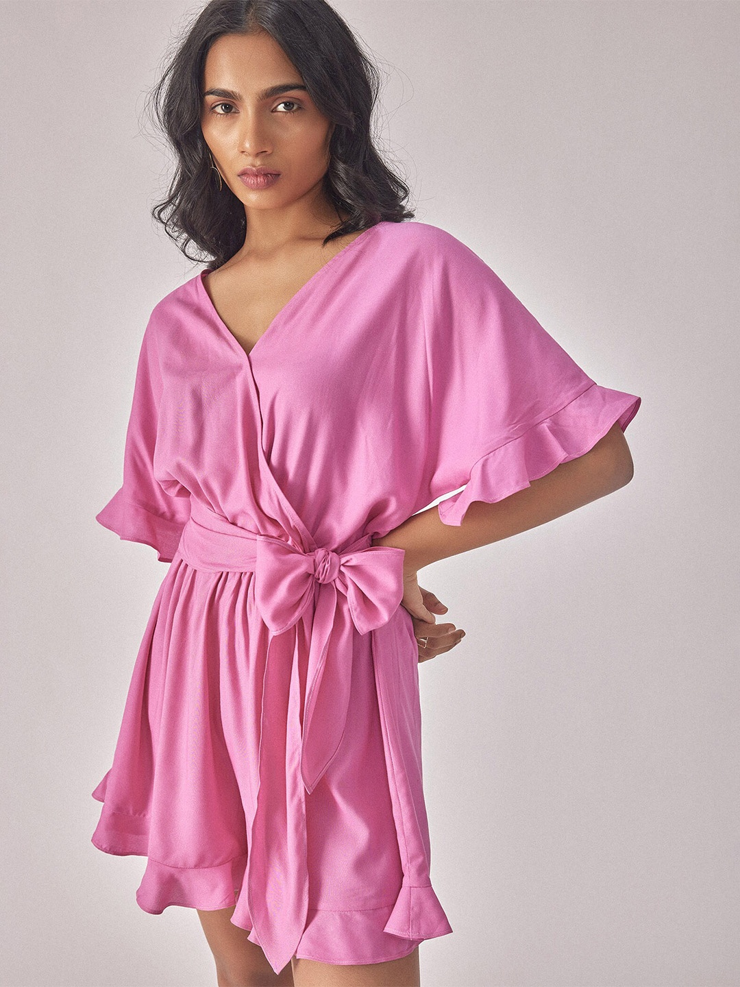 

The Label Life V-Neck Flared Sleeves Bow Detailed Playsuit, Pink
