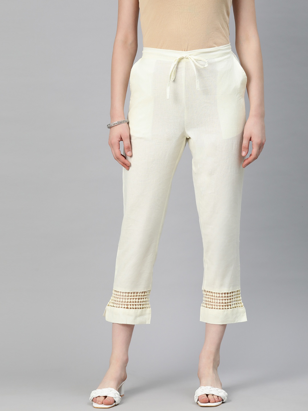 

Readiprint Women Easy Wash Cotton Trousers, Off white