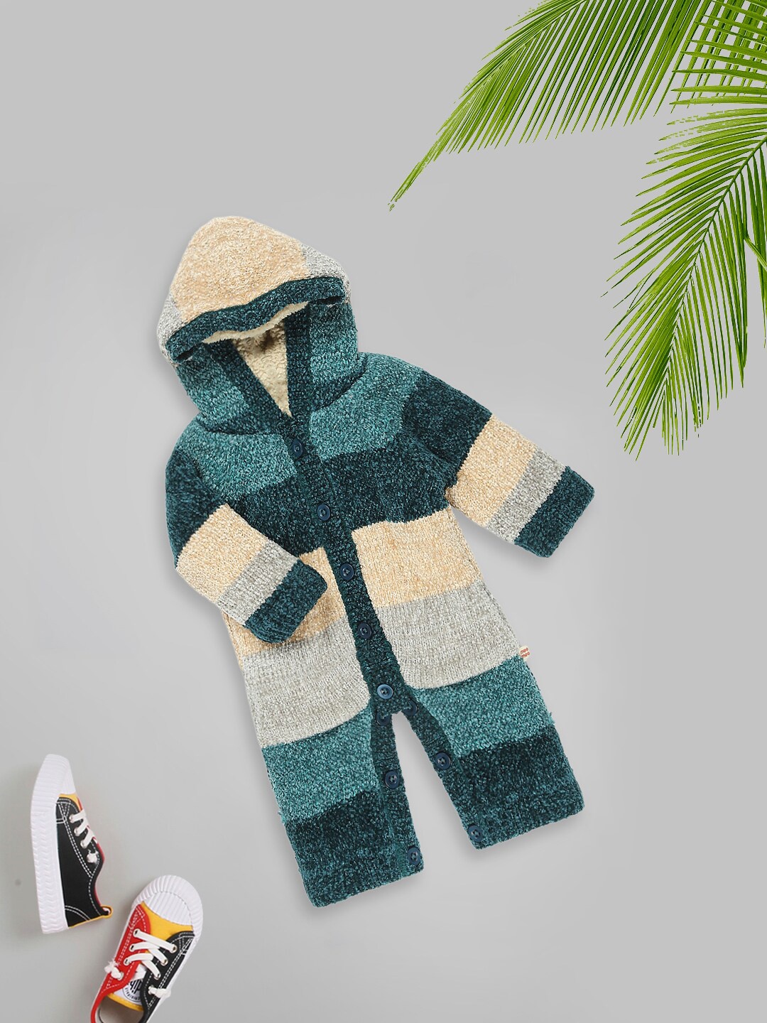 

MeeMee Infants Self-Design Cotton Hooded Rompers, Green