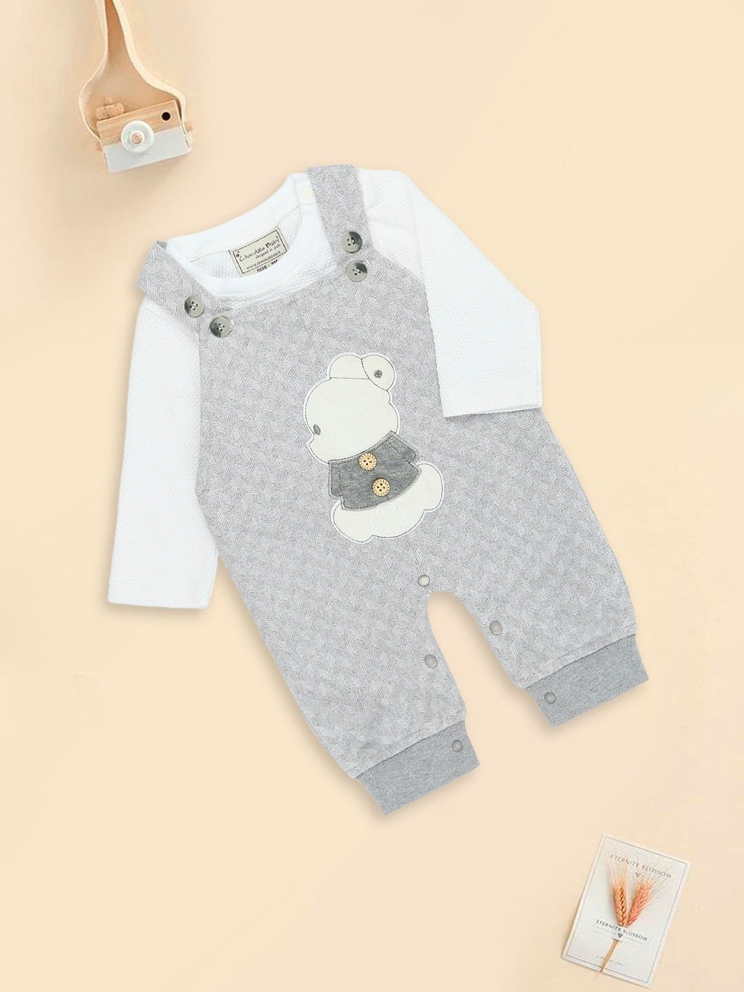 

MeeMee Infant Boys Printed Cotton Dunagree Style Romper With Tee, Grey