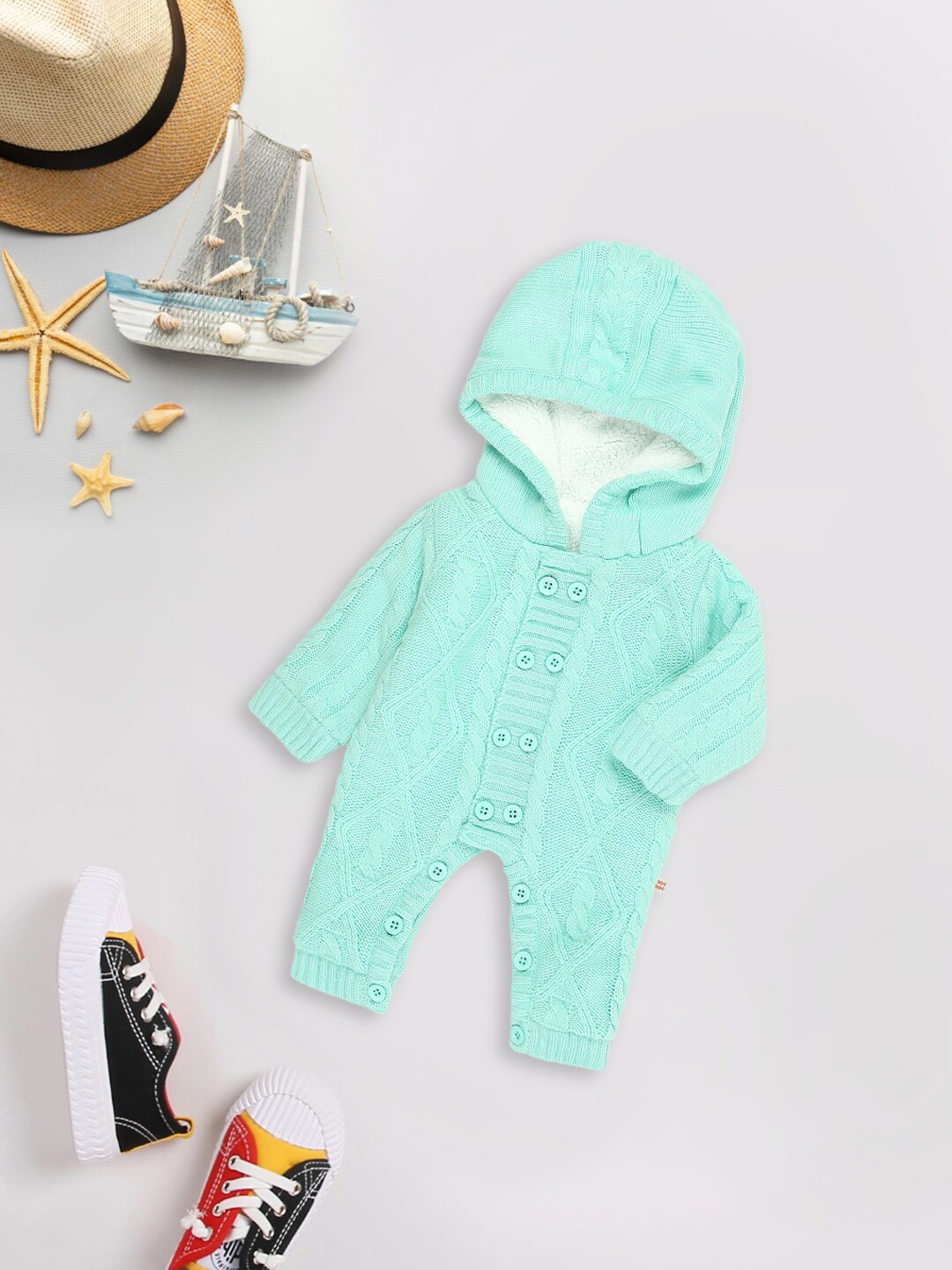 

MeeMee Infants Knitted Hooded Cotton Romper, Sea green